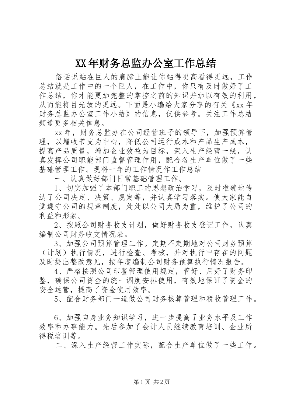 XX年财务总监办公室工作总结_第1页