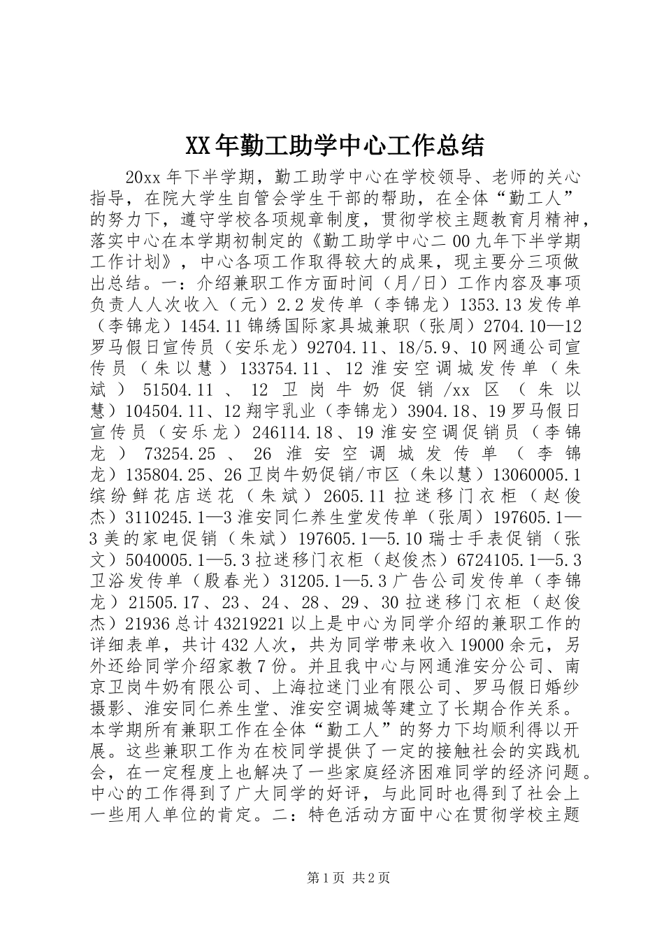 XX年勤工助学中心工作总结_第1页