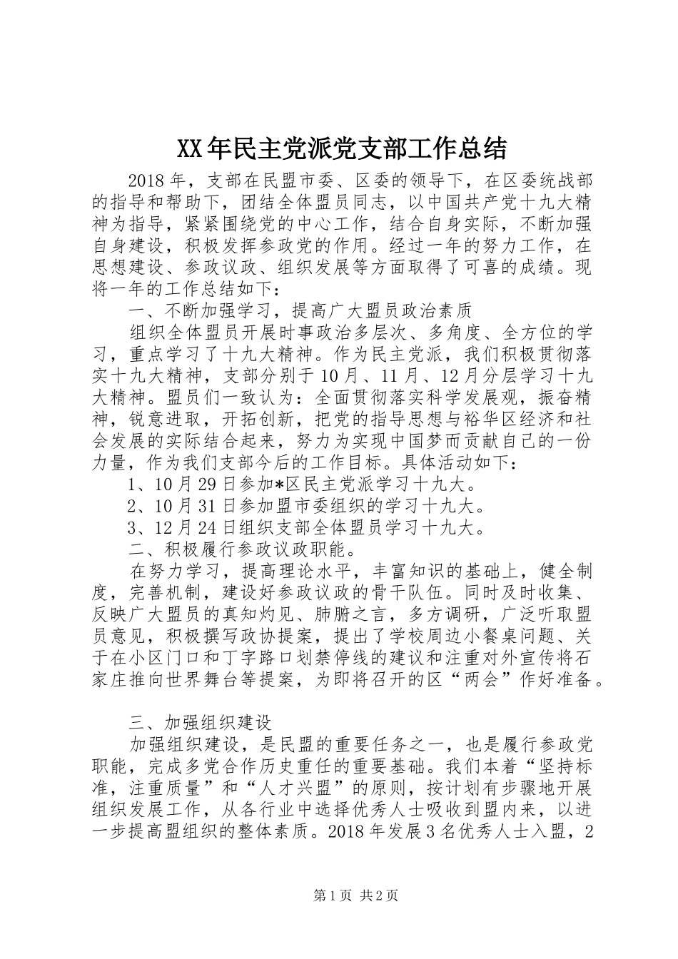 XX年民主党派党支部工作总结_第1页