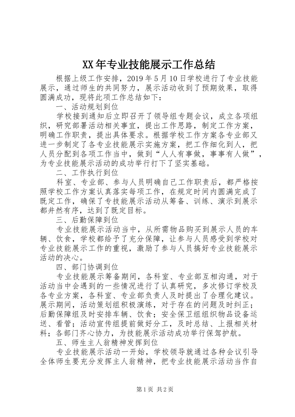 XX年专业技能展示工作总结_第1页