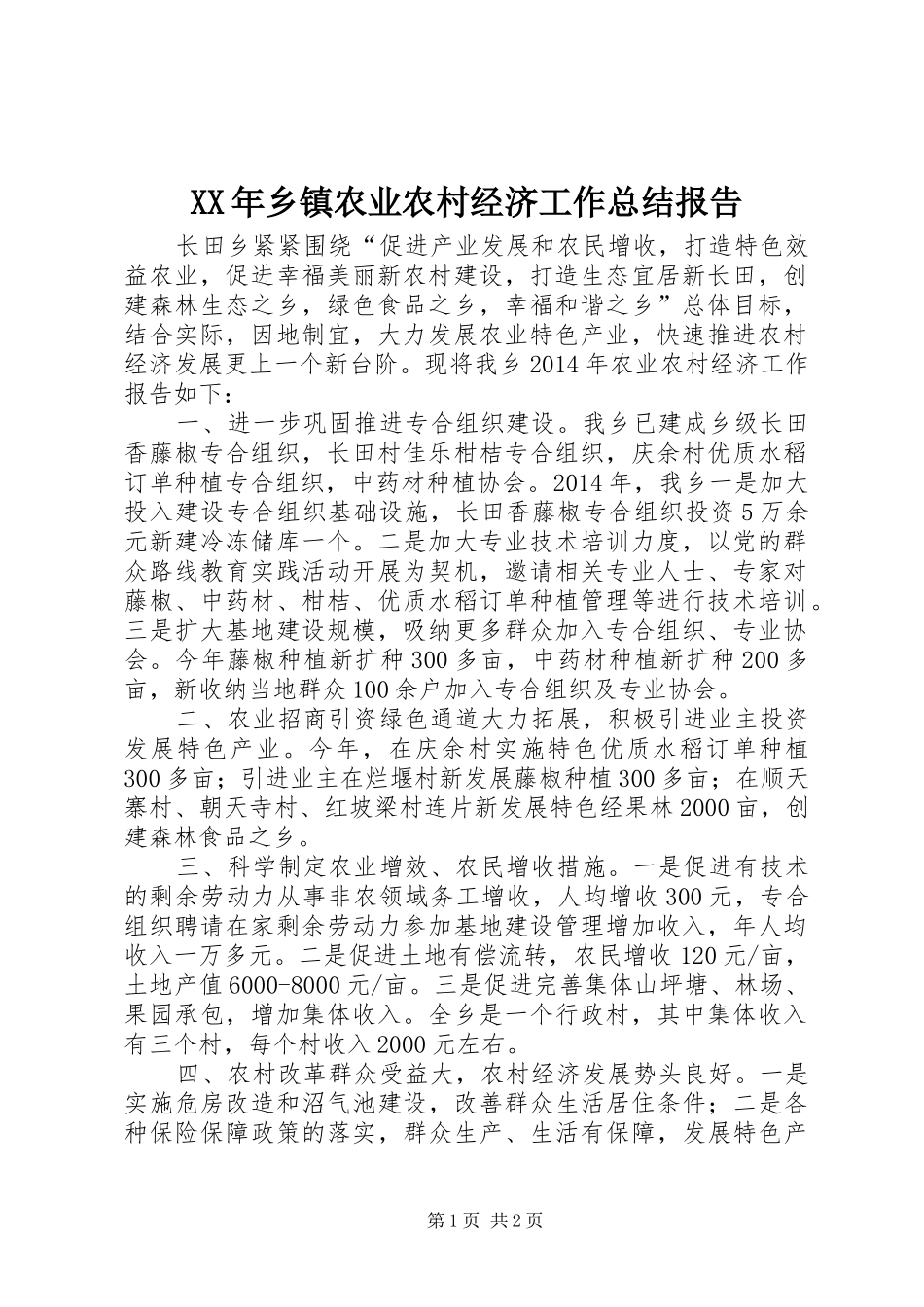 XX年乡镇农业农村经济工作总结报告_第1页