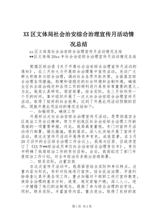 XX区文体局社会治安综合治理宣传月活动情况总结