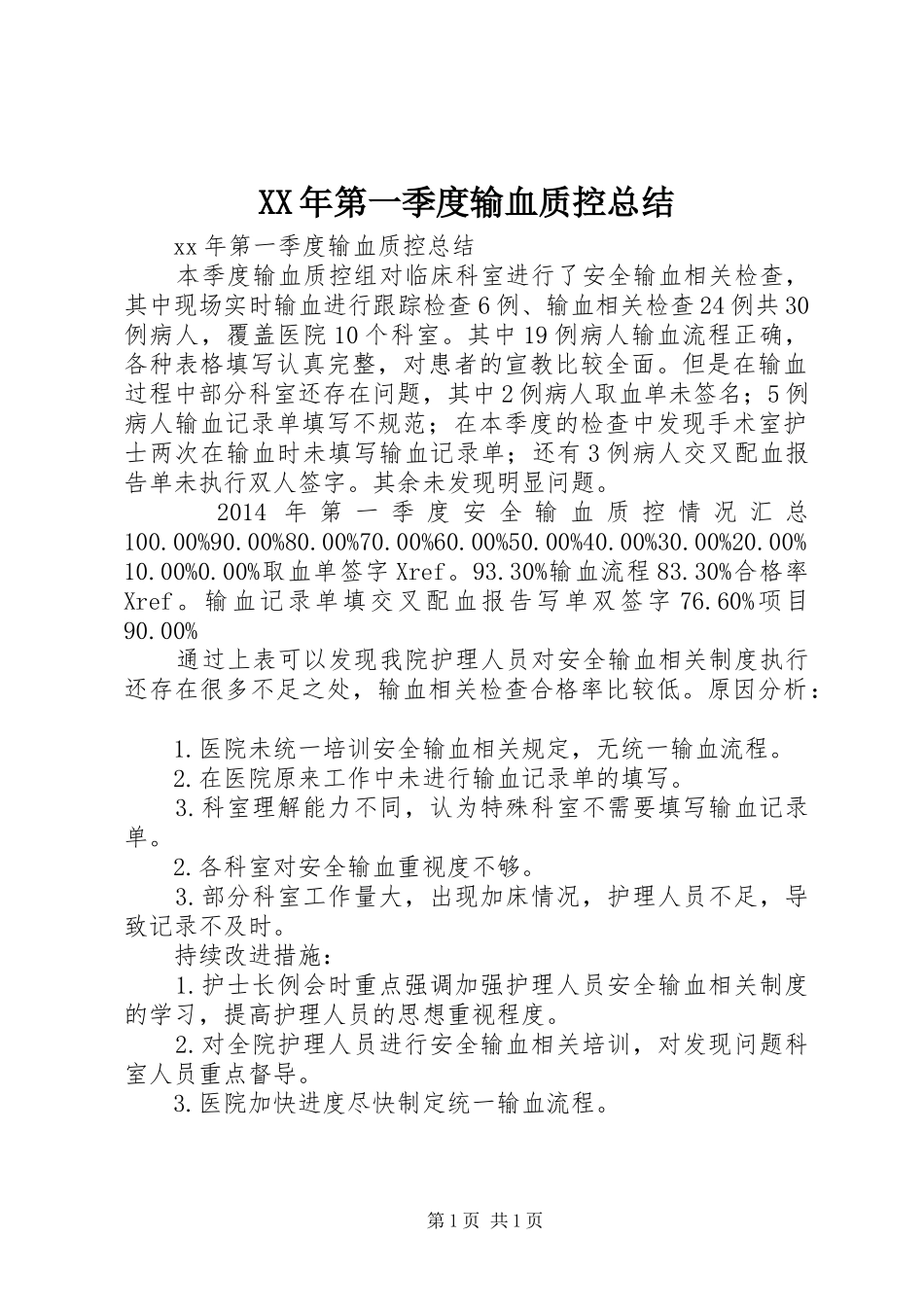 XX年第一季度输血质控总结_第1页