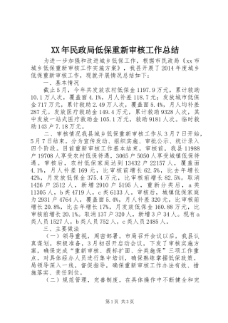 XX年民政局低保重新审核工作总结