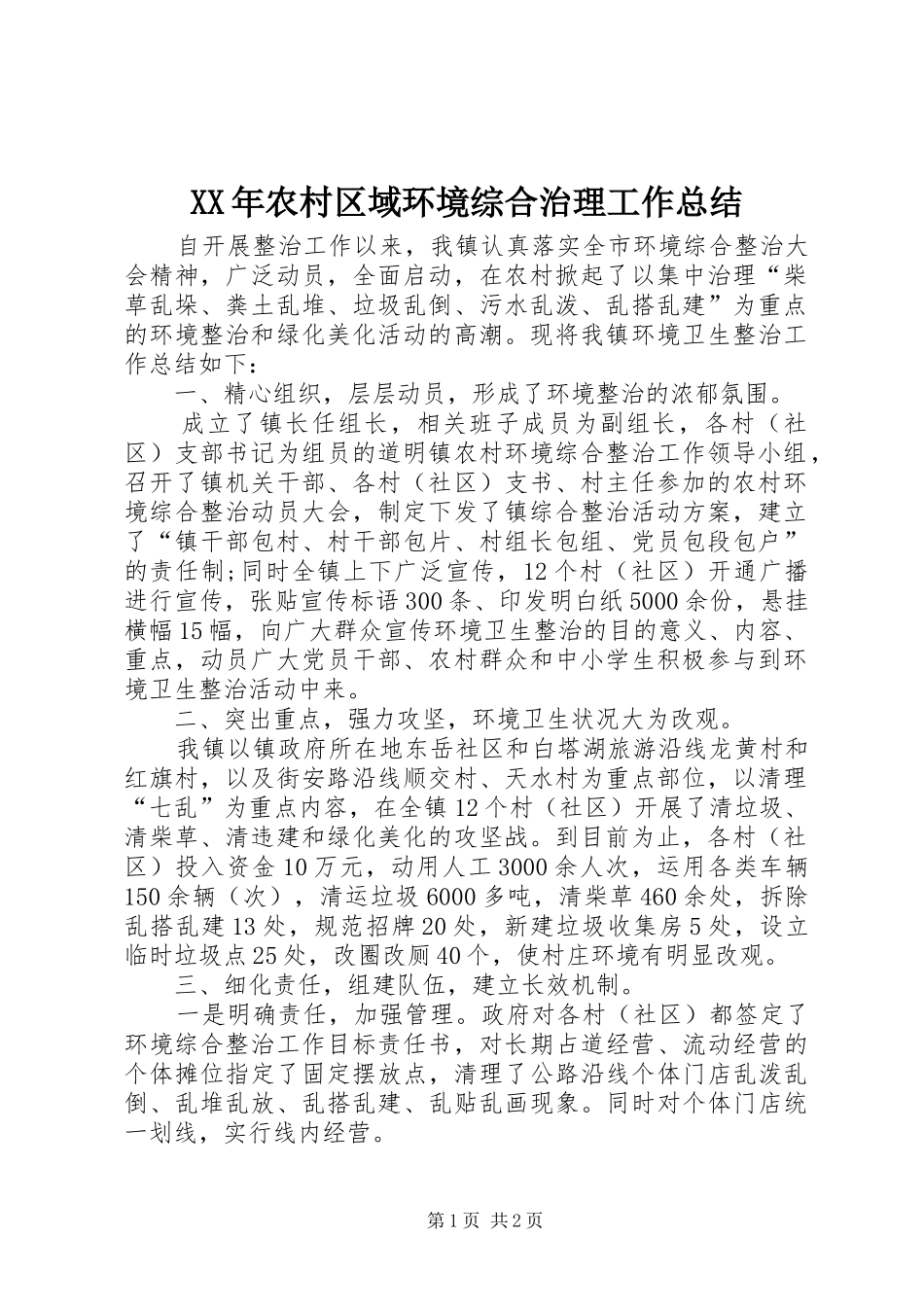 XX年农村区域环境综合治理工作总结_第1页