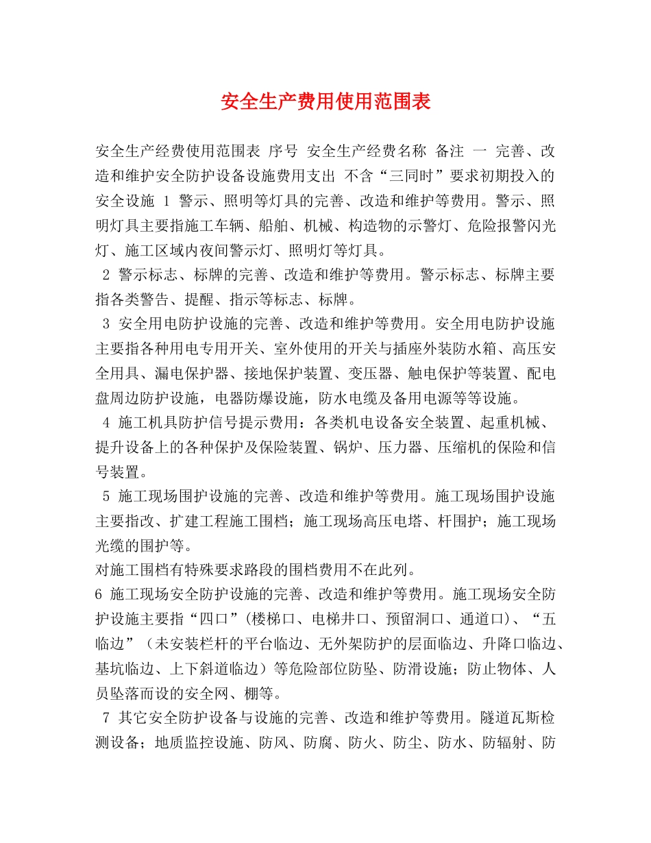 安全生产费用使用范围表 _第1页