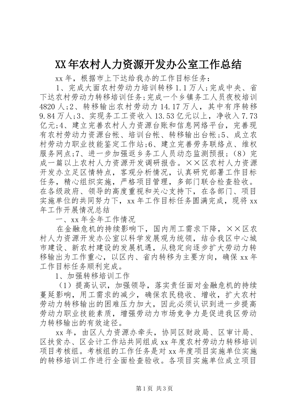 XX年农村人力资源开发办公室工作总结_第1页