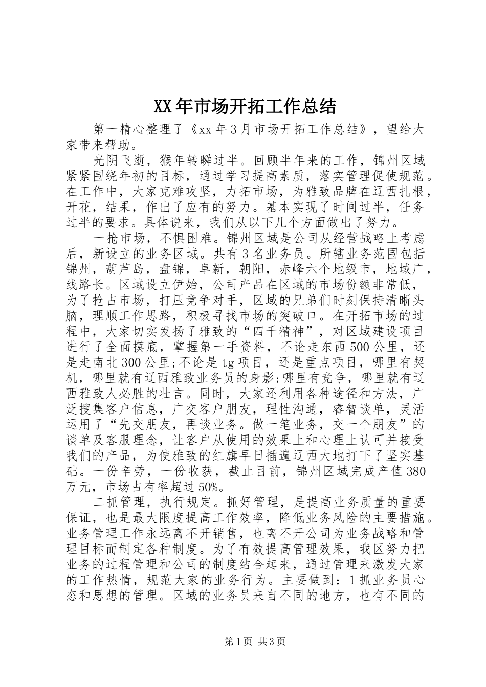 XX年市场开拓工作总结_第1页