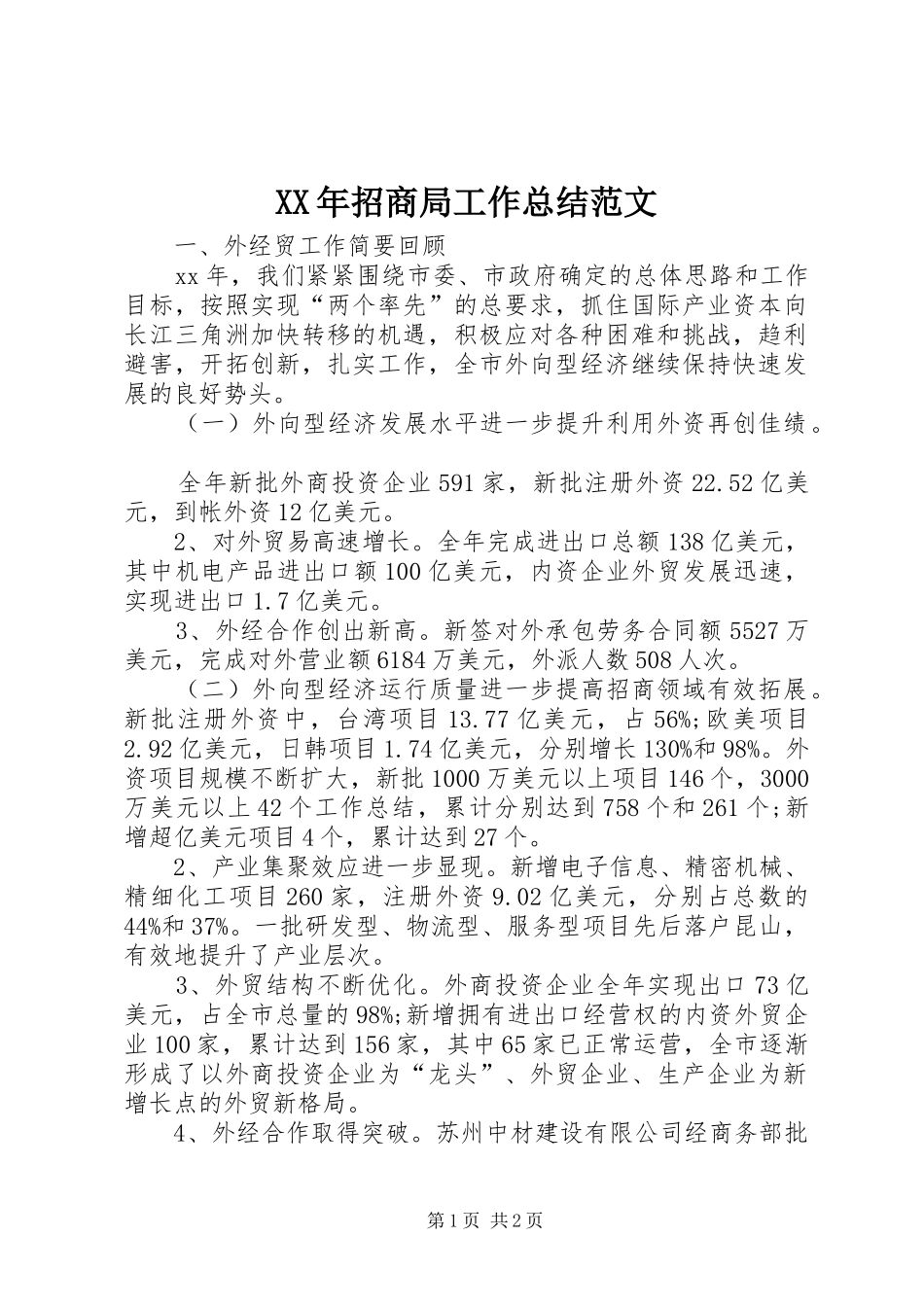 XX年招商局工作总结范文_第1页