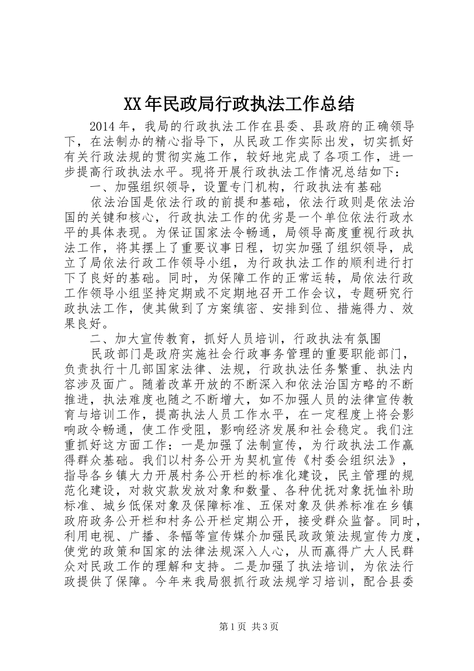 XX年民政局行政执法工作总结_第1页