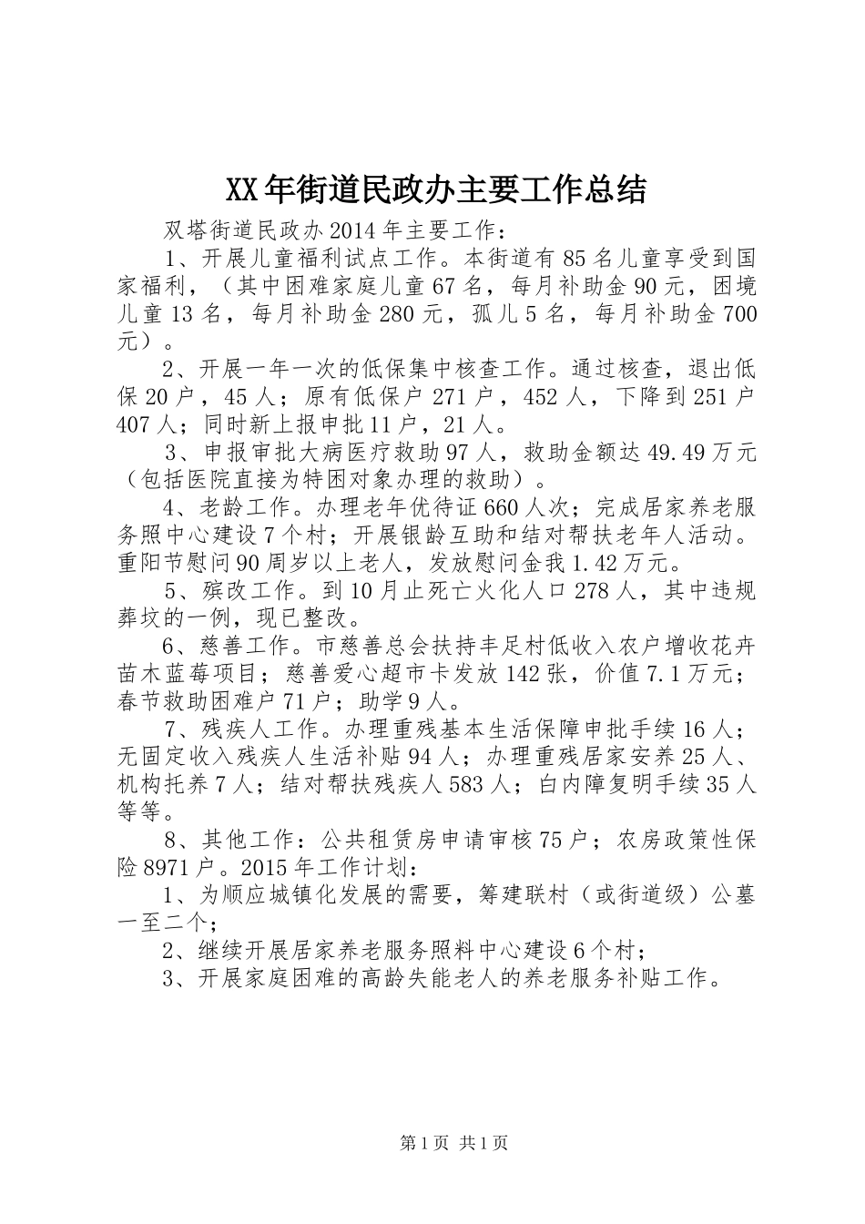 XX年街道民政办主要工作总结_第1页