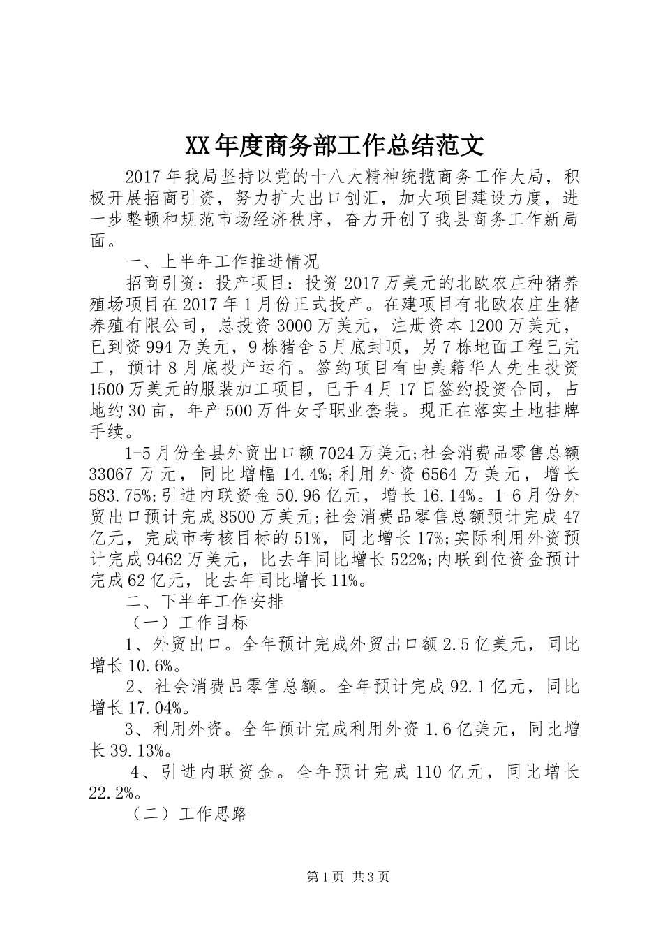 XX年度商务部工作总结范文_第1页