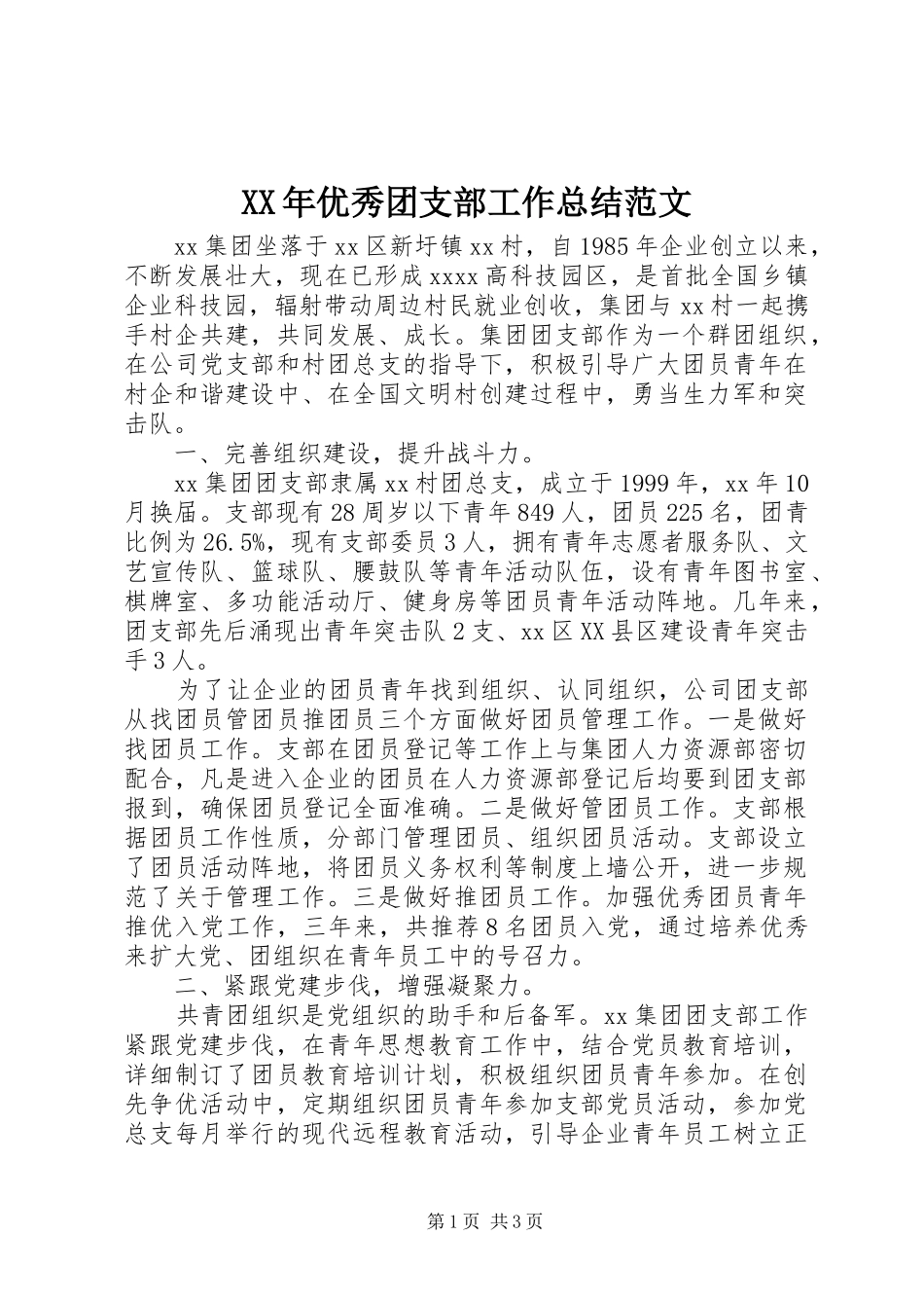 XX年优秀团支部工作总结范文_第1页