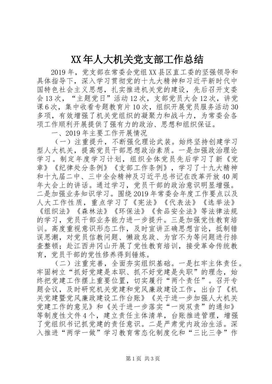 XX年人大机关党支部工作总结_第1页