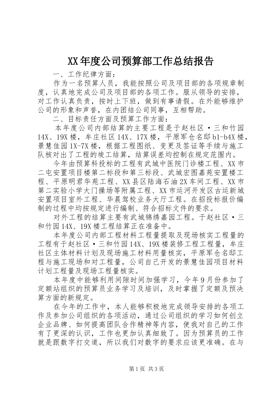 XX年度公司预算部工作总结报告_第1页