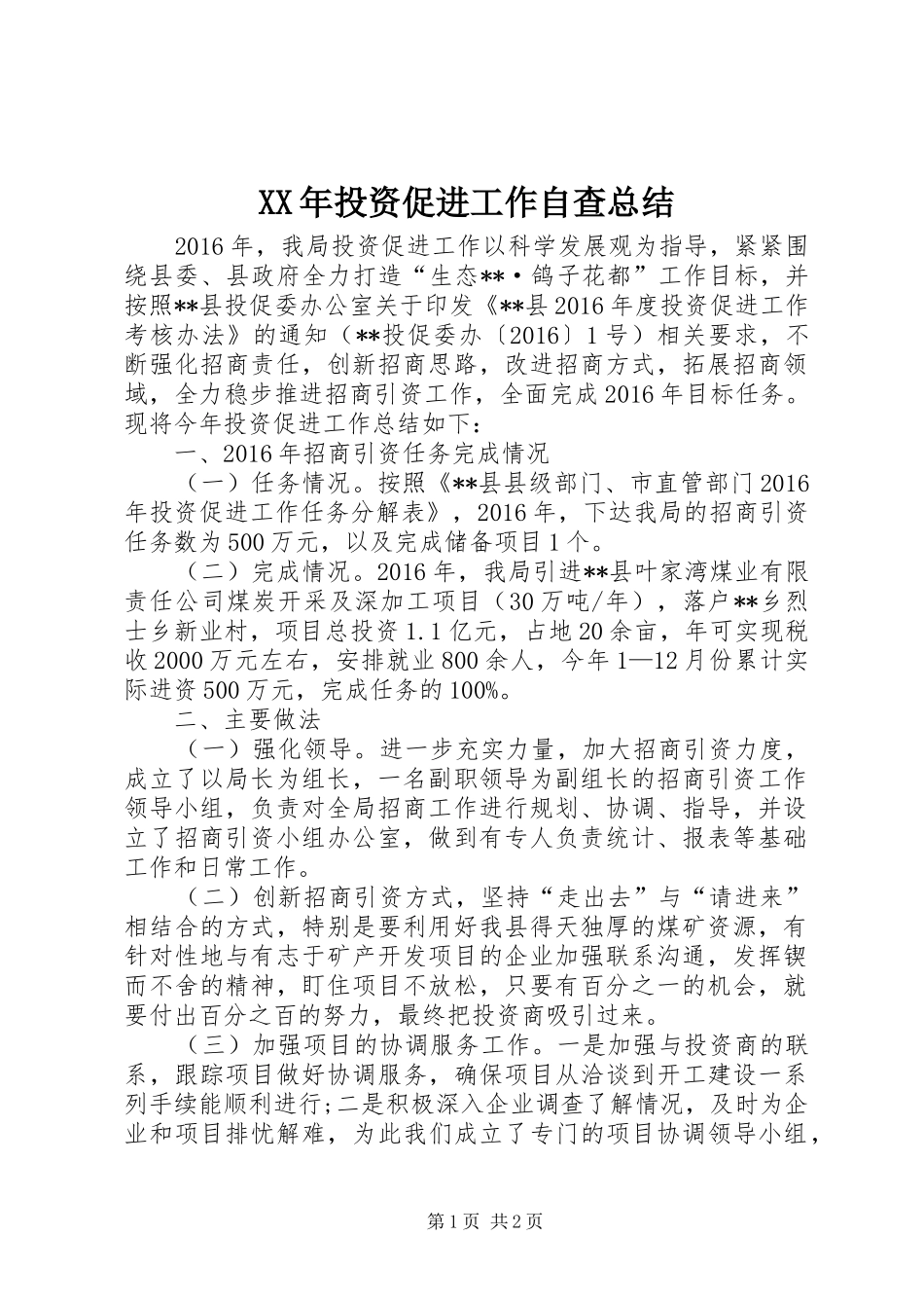 XX年投资促进工作自查总结_第1页