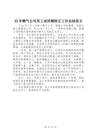 XX年燃气公司员工试用期转正工作总结范文