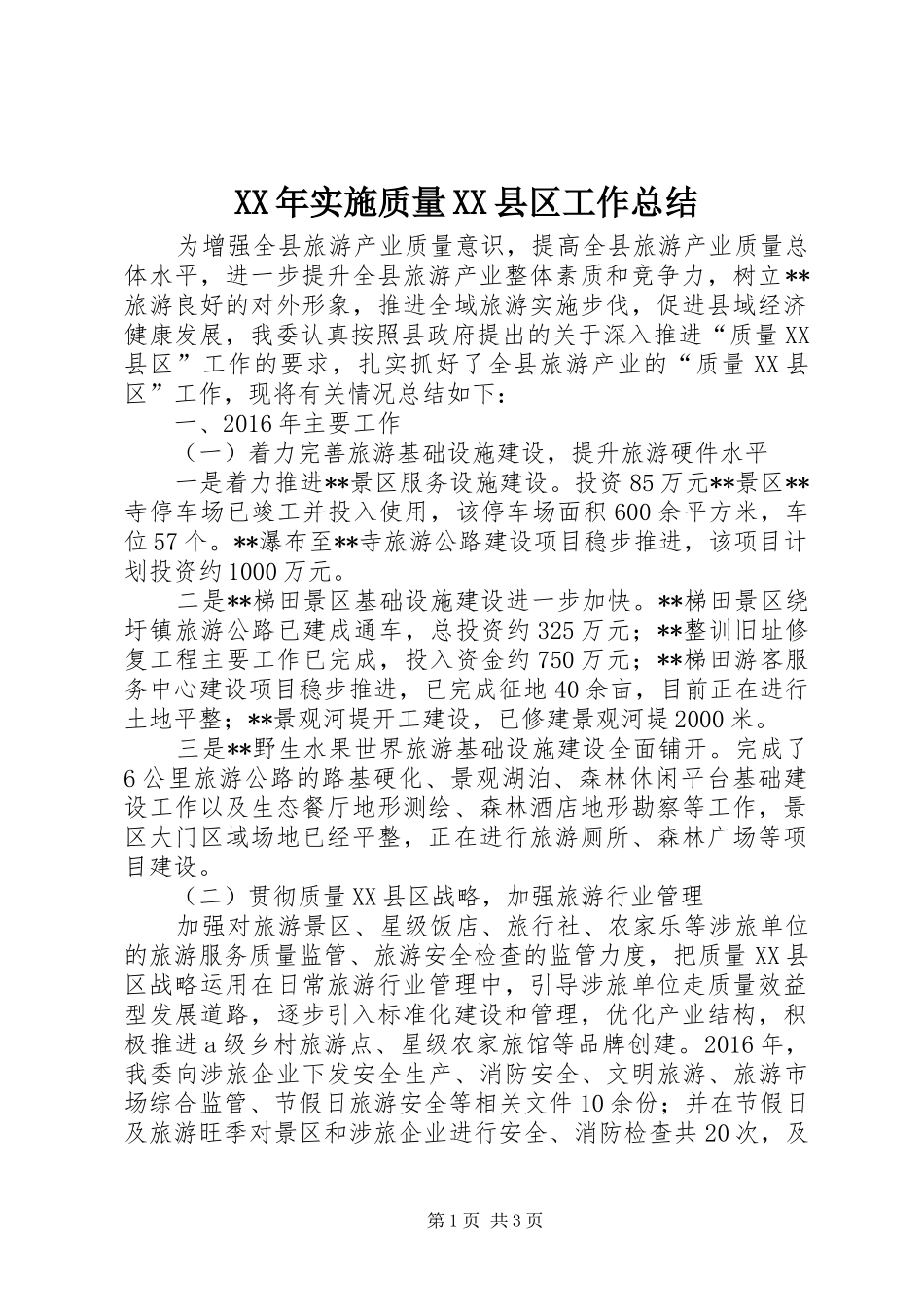 XX年实施质量XX县区工作总结_第1页