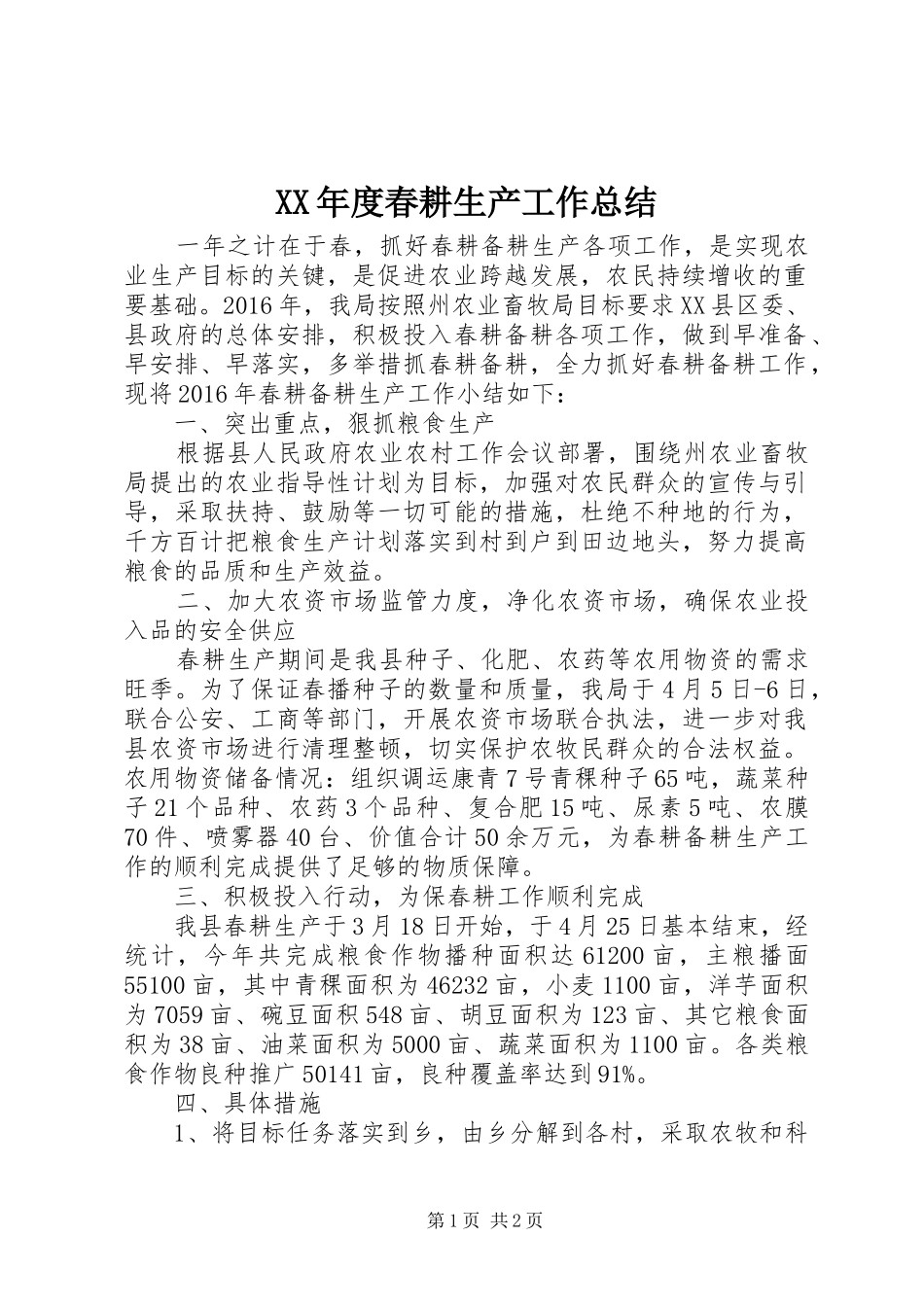 XX年度春耕生产工作总结_第1页