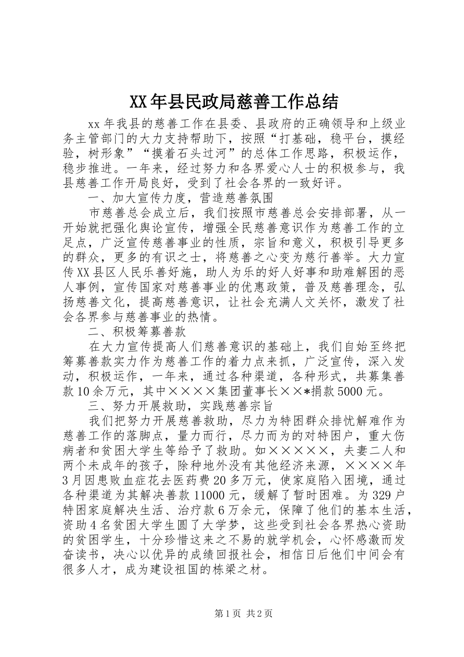 XX年县民政局慈善工作总结_第1页