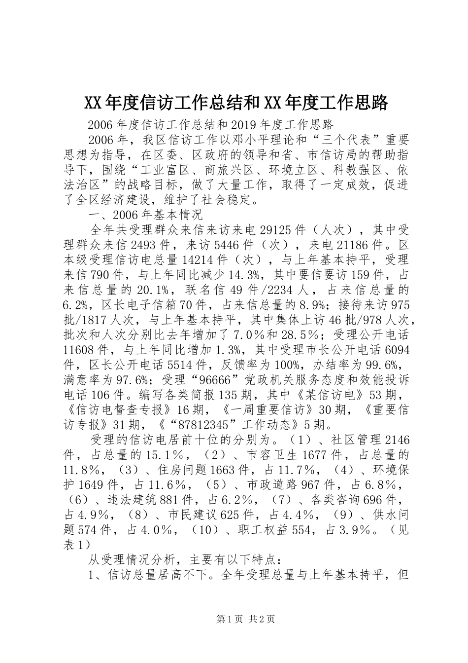 XX年度信访工作总结和XX年度工作思路_第1页
