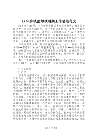 XX年乡镇医师试用期工作总结范文
