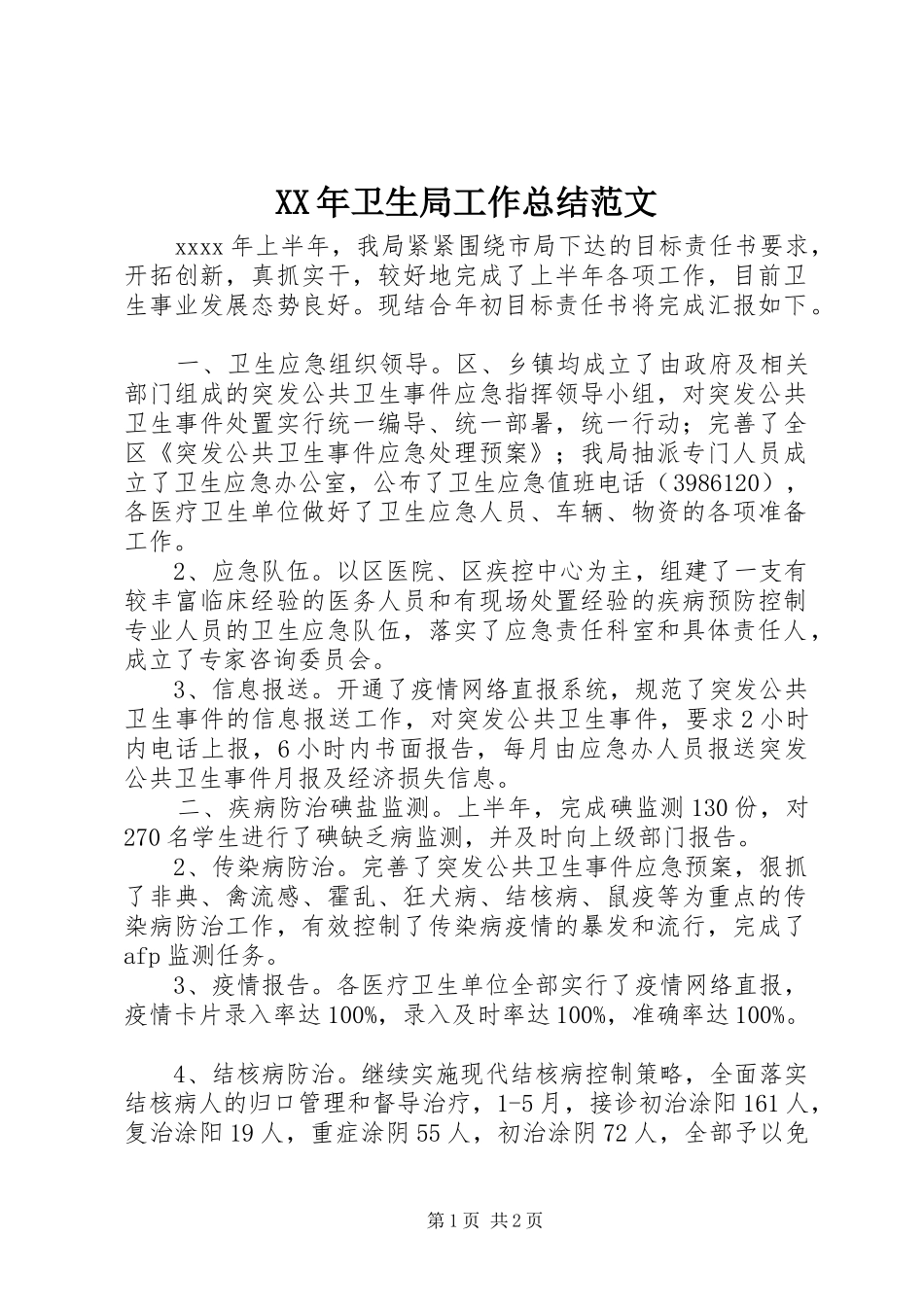 XX年卫生局工作总结范文_第1页