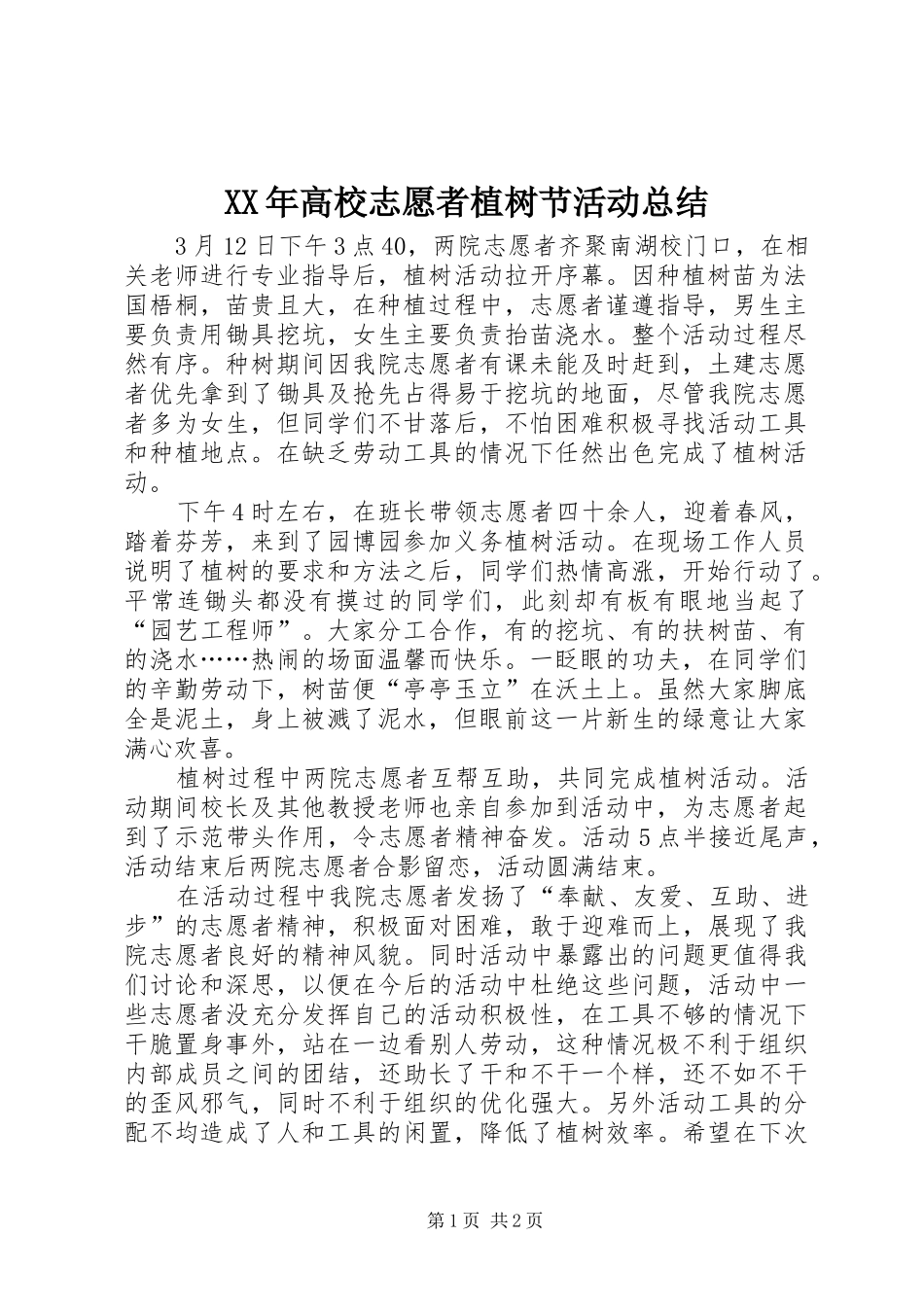 XX年高校志愿者植树节活动总结_第1页