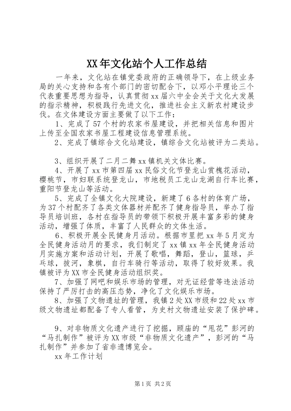 XX年文化站个人工作总结_第1页