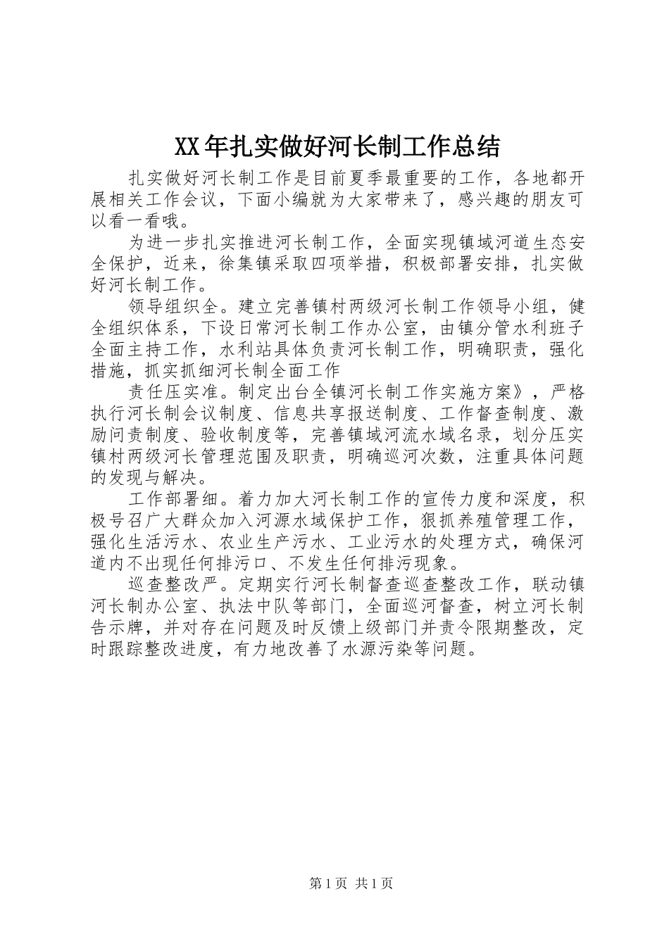 XX年扎实做好河长制工作总结_第1页