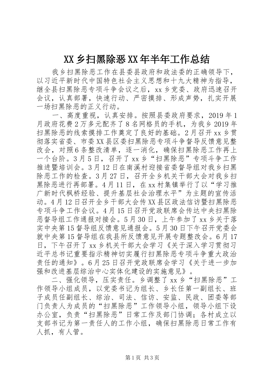 XX乡扫黑除恶XX年半年工作总结_第1页