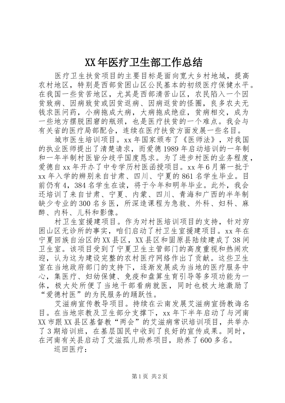 XX年医疗卫生部工作总结_第1页