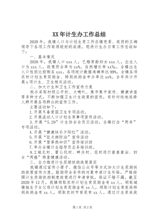 XX年计生办工作总结
