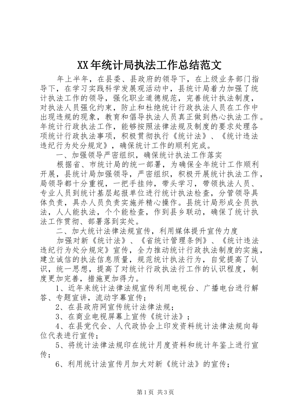 XX年统计局执法工作总结范文_第1页