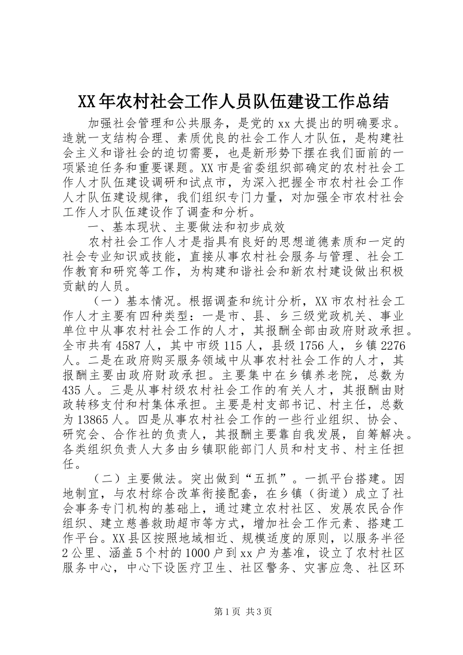 XX年农村社会工作人员队伍建设工作总结_第1页