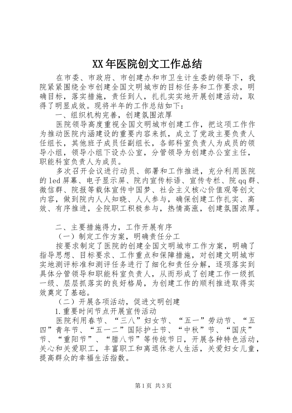 XX年医院创文工作总结_第1页