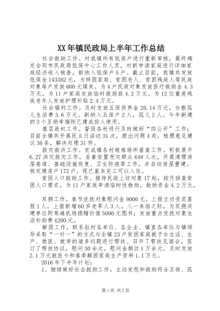 XX年镇民政局上半年工作总结