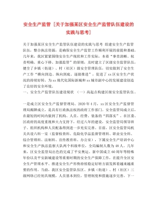 安全生产监管 [关于加强某区安全生产监管队伍建设的实践与思考] 