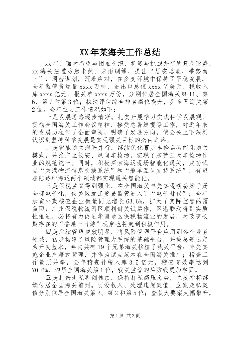 XX年某海关工作总结_第1页