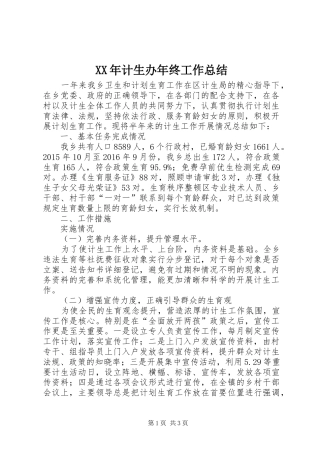 XX年计生办年终工作总结