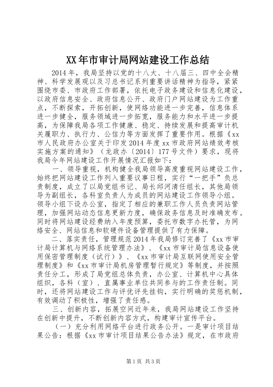 XX年市审计局网站建设工作总结_第1页
