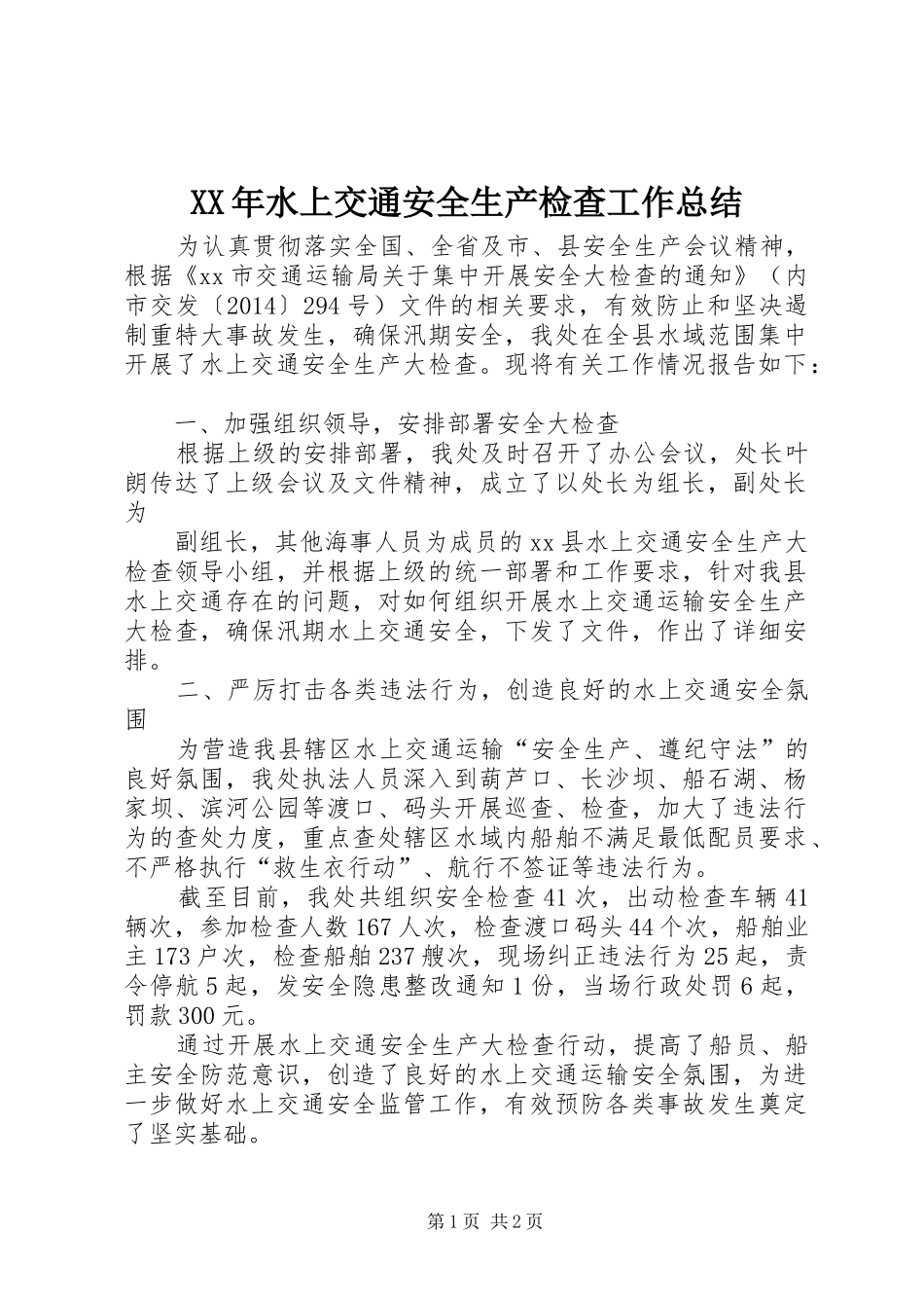 XX年水上交通安全生产检查工作总结_第1页