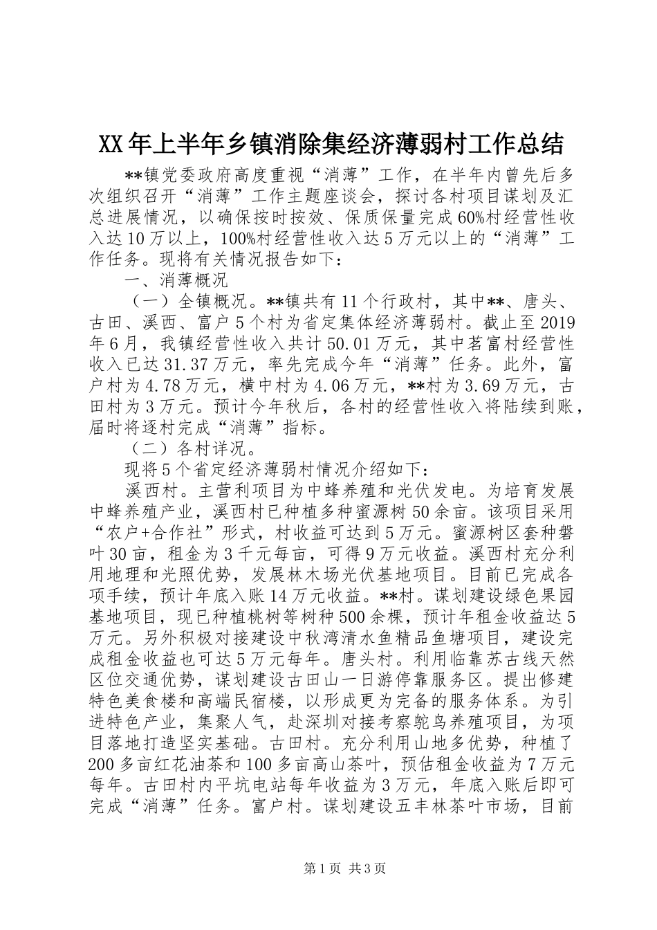 XX年上半年乡镇消除集经济薄弱村工作总结_第1页
