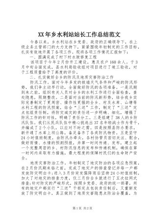 XX年乡水利站站长工作总结范文