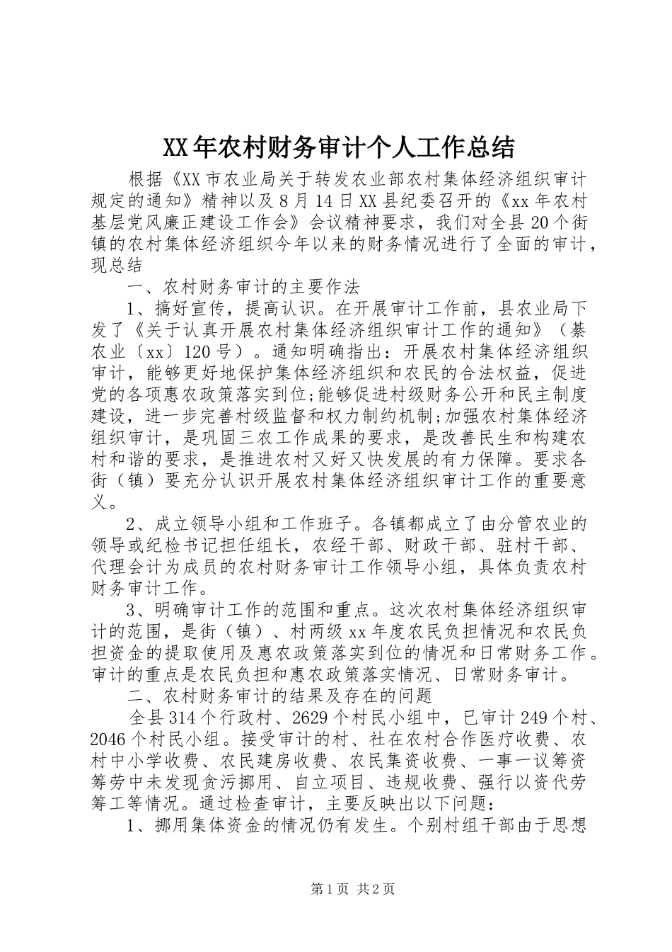 XX年农村财务审计个人工作总结_第1页