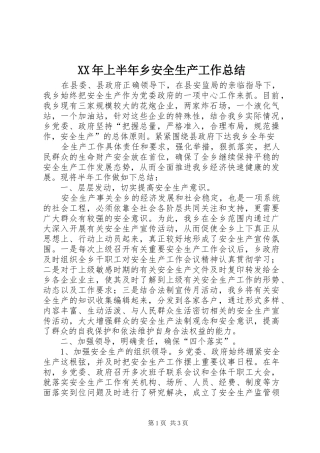 XX年上半年乡安全生产工作总结
