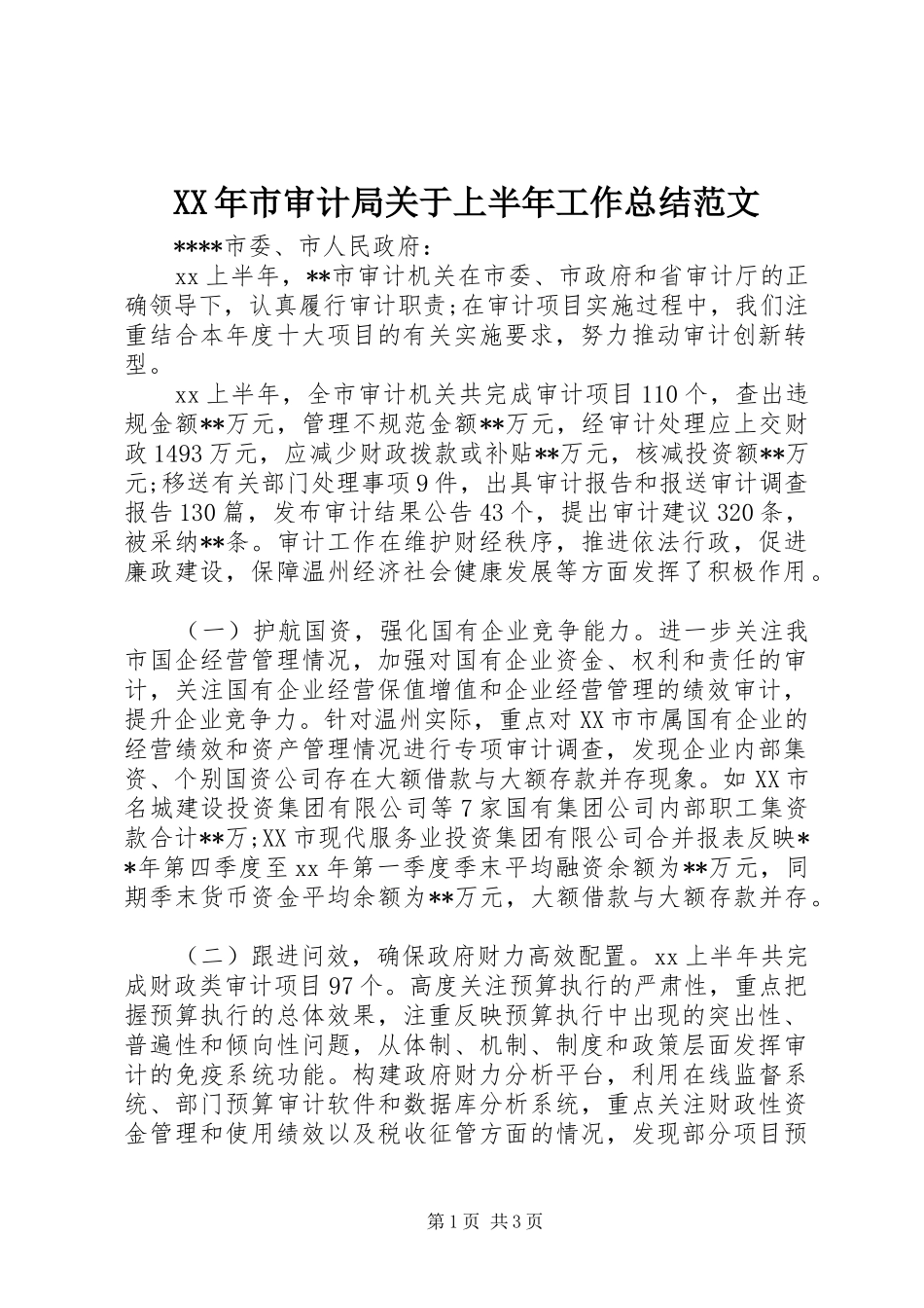 XX年市审计局关于上半年工作总结范文_第1页