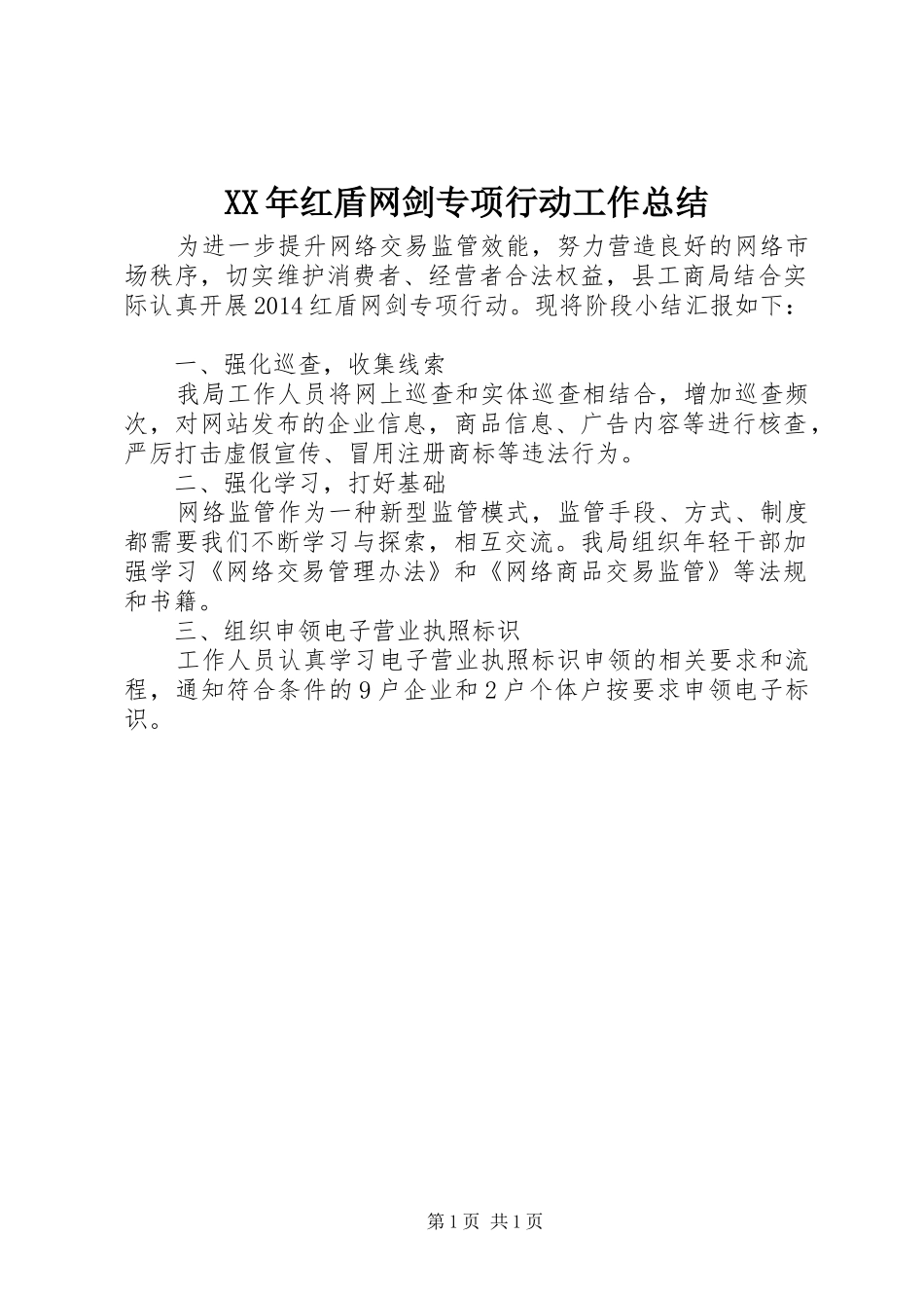 XX年红盾网剑专项行动工作总结_第1页