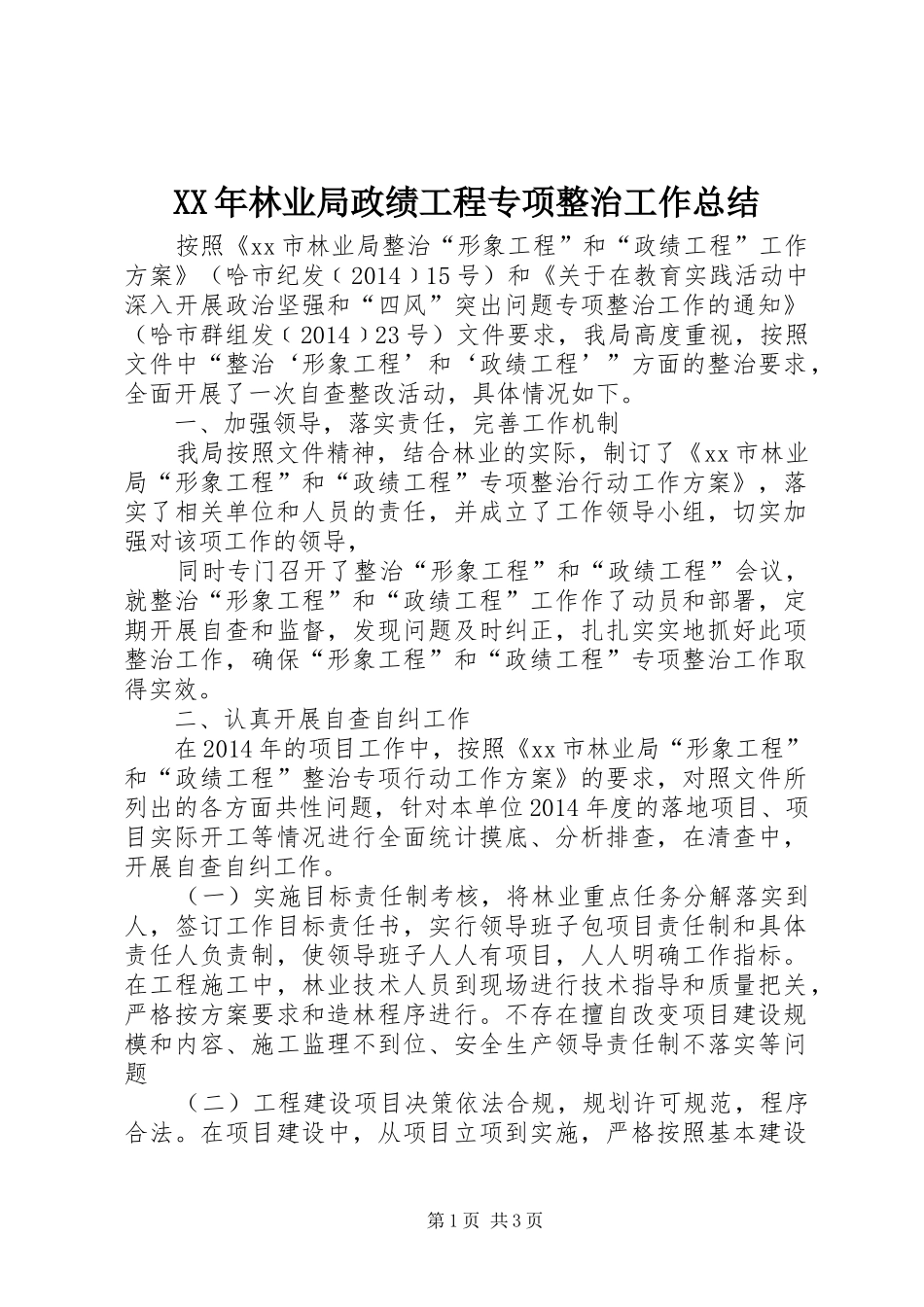 XX年林业局政绩工程专项整治工作总结_第1页