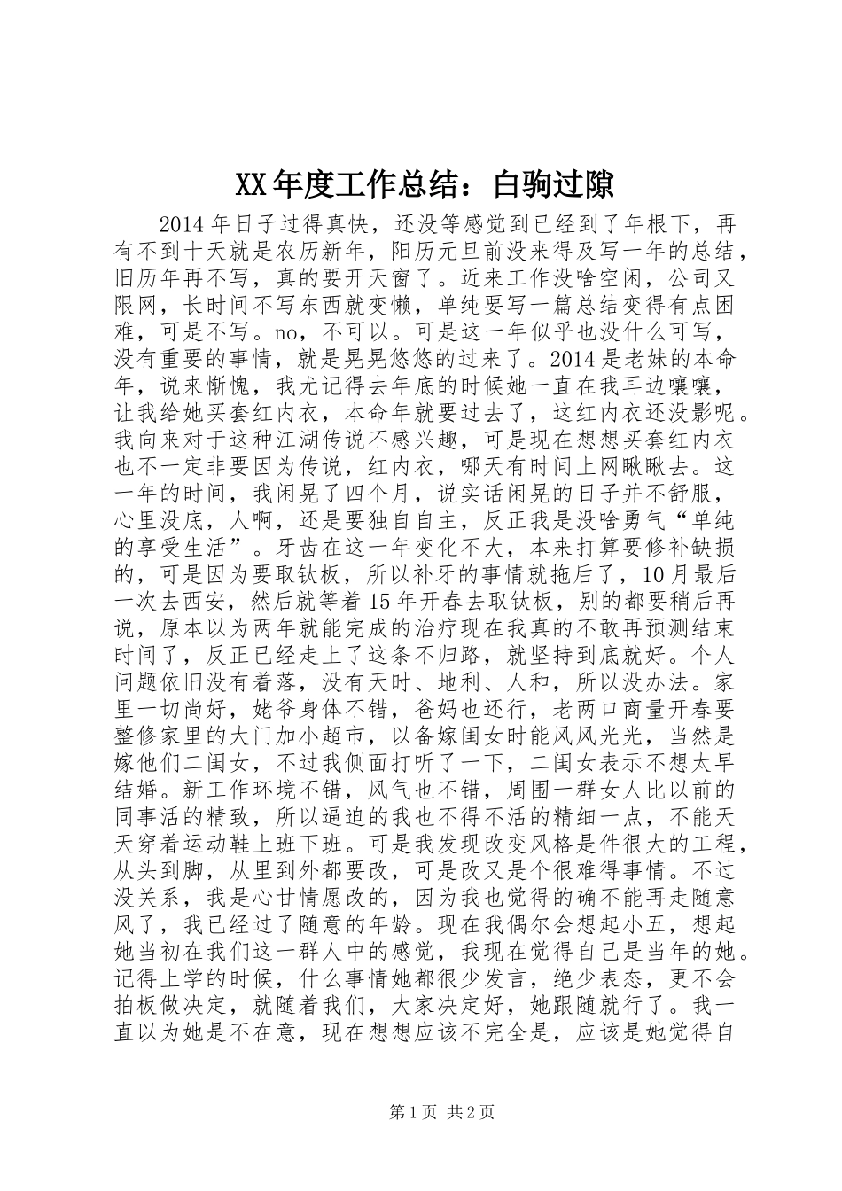 XX年度工作总结：白驹过隙_第1页